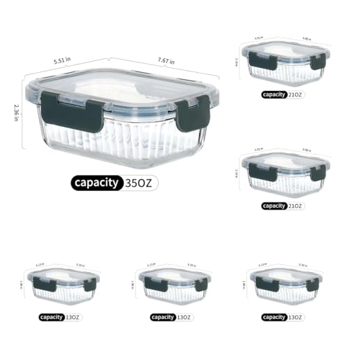 Glass Fluted Ombre grey Leak-Proof 6-Piece Set Food Storage Containers, Food Containers with Lids, Meal Prep Containers. (Rectangular) - size: Rectangular