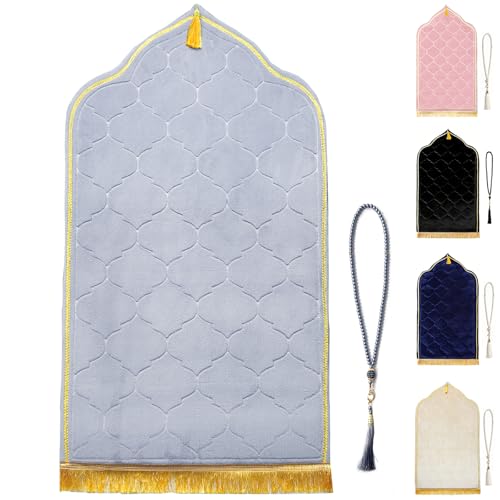 Muslim Prayer Rug with Tasbih Prayer Beads, Extra Thick Padded Non-Slip Islamic Prayer Matt,Turkish Praying Carpet Ottoman Blankets Ramadan Gift for Ramadan, Eid, Hajj, Travel, Pray (Grey) - color: Grey