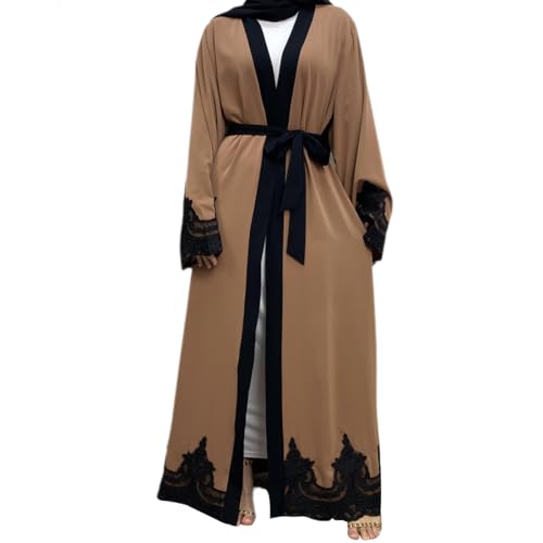 AFAVOM Women Turkey Abaya Islamic Muslim Prayer Dress Embroidered Cardigan Kaftan Dubai Robe Casual Turkish Modest Dress - color: Brown, size: Large