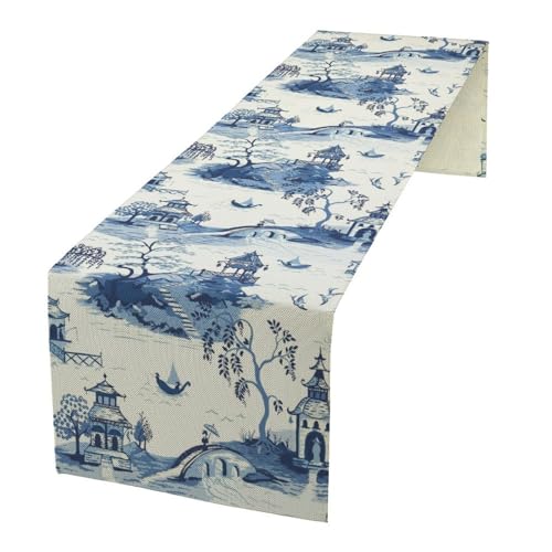 Vintage Ink Table Runner, Asian Oriental Chinoiserie Mountains Trees Landscape Kitchen Dining Table Decoration for Indoor Outdoor Home Party Decor, 13x36inch - color: Asian-26, size: W13"x L36"