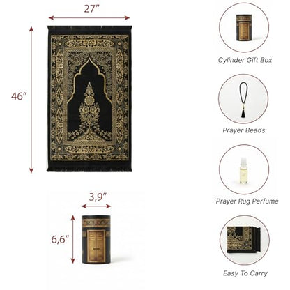 Islamic Prayer Rug 4 Pcs Gift Set with Kaaba Design Box | Sajadah, Tasbih, Perfume | Suitable for Ramadan, Eid, Travel, or Home (Black, Standart) - color: Black