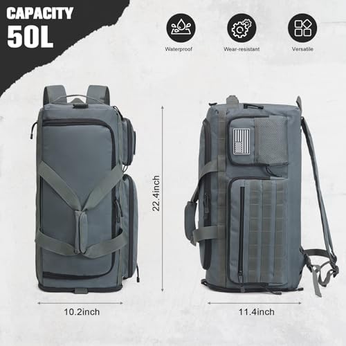 G4Free 3-in-1 Duffle Bag Travel Gym Sports, Large Tactical Duffel Backpack | 50L/65L with Shoes Compartment and Wet Pocket, Military Workout Bag for Men and Women, Dark Grey - color: Dark Grey