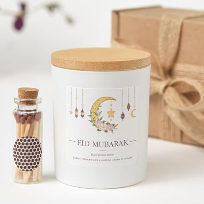Eid Mubarak Scented Candle Gift | Islamic Celebration Candle with Gift Box and Mini Matches-White/Unscented - color: White