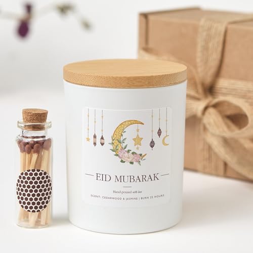 Eid Mubarak Scented Candle Gift | Islamic Celebration Candle with Gift Box and Mini Matches-White/Unscented - color: White