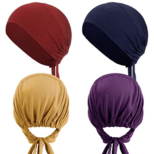 4 Pieces Women Under Scarf Hat Hijab Cap Islamic Muslim Under Scarf Turban Beanie Cap - color: Wine Red, Navy, Purple, Ginger, size: One Size