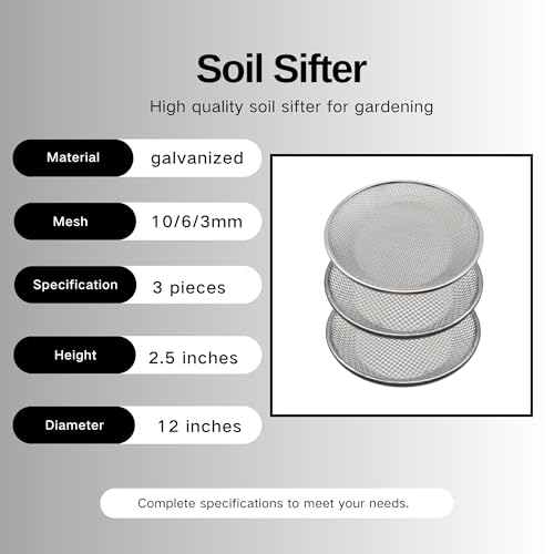 3 PCS Soil Sieve for Garen -12 inches Soil Sifter for Rocks Compost Suitable for 5 Gallon Drums 10mm，6mm，3mm