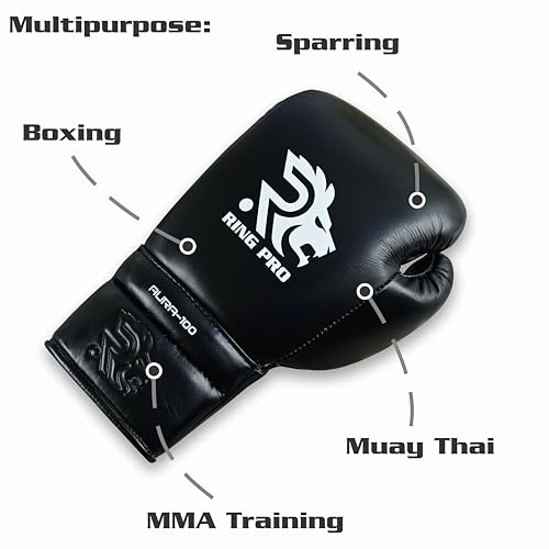 Aura 100 Full Grain Leather Lace Up Boxing Gloves for Men & Women – Professional Training, Sparring, Competition, Muay Thai, Kickboxing & Heavy Bag Gloves - color: Black, size: 12 OZ