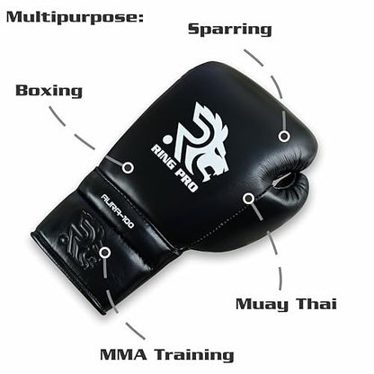 Aura 100 Full Grain Leather Lace Up Boxing Gloves for Men & Women – Professional Training, Sparring, Competition, Muay Thai, Kickboxing & Heavy Bag Gloves - color: Black, size: 10 OZ