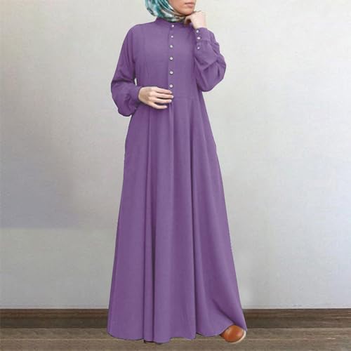 Dress for Women Muslim Long Sleeve Button Down Dress Shirt Prayer Casual Clothes Summer Fashion Outfits - color: Purple, size: Small