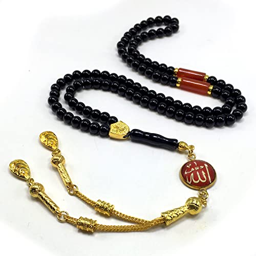 Special Prayer Beads Series -99 beads- Tesbih Tasbih Tasbeeh Misbaha Masbaha Subha Sebha Sibha (Black Shiny Agate Stone and Allah Tassel Design -6 mm Small Beads-) - color: Black Shiny Agate Stone and Allah Tassel Design -6 mm Small Beads-