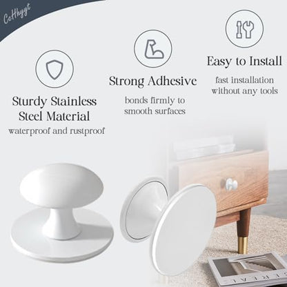 Adhesive Cabinet Knobs 4pcs White Self-Stick Knobs Drill Free Dresser Drawer Pulls Stainless Steel Stick On Handles for Medicine Cabinets Drawer Cupboards Glass Sliding Door Terrarium Lid - color: White
