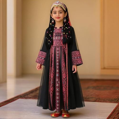 Toddler Baby Girls Muslim Abaya Prayer Dress Ruffle Long Sleeve V-Neck Tulle Dubai Robe 2026 Ramadan Eid Eid Kaftan - color: Z1-black, size: 6-7 Years