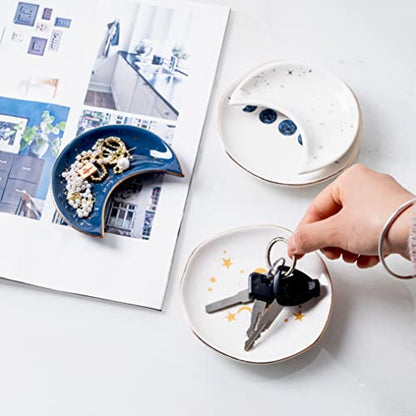 Ceramic Moon Jewelry Dish Tray Ring Holder, Small Decorative Trinket Dish for Rings Earrings Necklaces, Present for Wife and Mom, 4.5 Inch