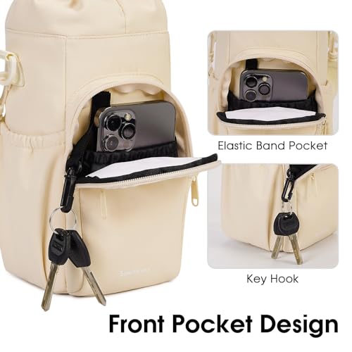 sportsnew 40oz Insulated Crossbody Water Bottle Bag Gym Hiking Phone Pocket | Water-resistant Lining, Padded Strap, Top Handle, Drawstring, Phone Pocket, Elastic Slots, Built-In Key Clip for Gym Walking - color: Beige