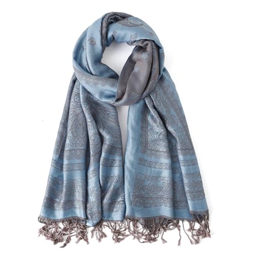 Reversible Paisley Pashmina Rave Scarf Shawl-Soft Silky Pashmina Wraps for Women Evening Dresses - color: E#. Style 5-light Blue