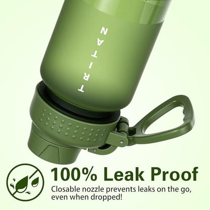 OLDLEY 32oz Water Bottle with Handle, BPA-Free Tritan Reusable Sports Water Bottle with Leak-Proof Dust Lid, Wide Mouth, Cup Holder Friendly, Half Frosted Clear Bottle for Gym,Travel,Work,Olive Green - color: Olive Green