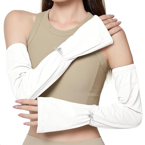 White UV Sun Protection Arm Sleeves for Women, Cooling Sleeves Long Women for Outdoor Driving Cycling
