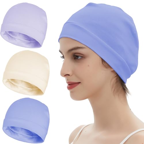 100% Cotton Skull Caps Beanie Bald Sleeping Hats for Men Women - color: 3pieces-beige,light Blue,light Purple