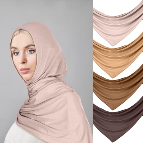 Vabean 4 Pcs Instant Hijab for Women Jersey Hijabs Pinless Ramadan Islamic Muslim Head Wraps Premium Head Scarf Shawl turban - color: Vanilla, Camel, Dark Ginger, Dark Brown