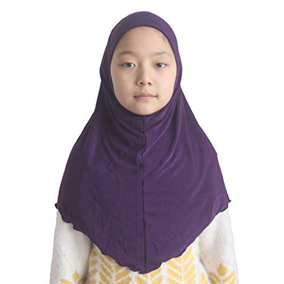 Girls Hijab Muslim Scarf for Kids – Ready to Wear, Solid Color, Soft & Breathable Daily Headwear for Ages 6-11 - color: Purple
