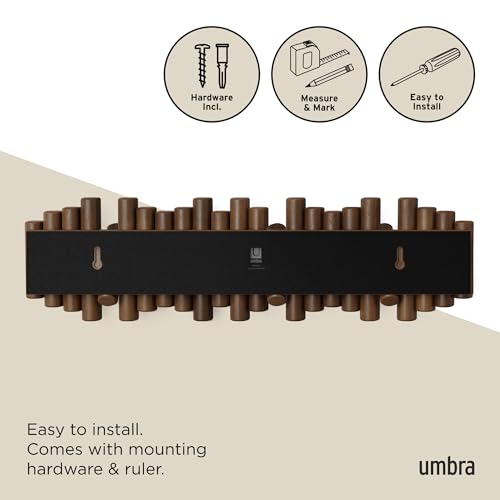 Umbra Picket Coat Rack, Wall Mount 8 Flip-Down Coat Hooks, Walnut | Beveled pine wood dowels, supports up to 5 lbs, mounting hardware included, space saving - color: Walnut, size: 8-Hook