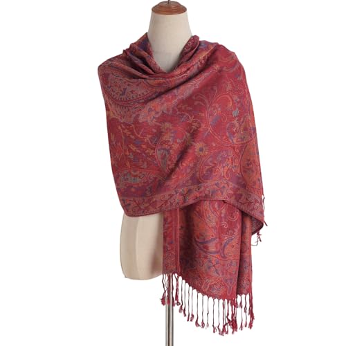 Paisley Pashmina Rave Shawl Scarf-Women's Reversible Ethnic Jacquard Pashmina Wraps for Travel - color: A#. Burgundy