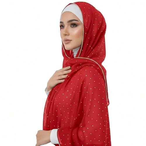 Premium Chiffon Hijab Rhinestone Long Scarf Shawl Wrap for Women Head scarf for Muslim Wedding Party Gift Packed - color: 001red