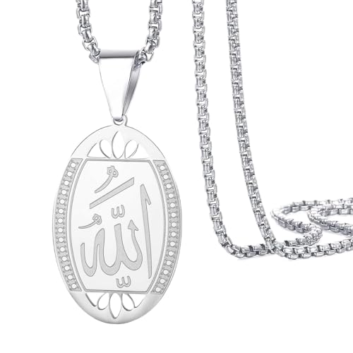 VASSAGO Allah Necklace for Women Men Stainless Steel Islamic Muslim Pendant Islam Religious Charm Jewelry Gift - color: Oval, Silver White