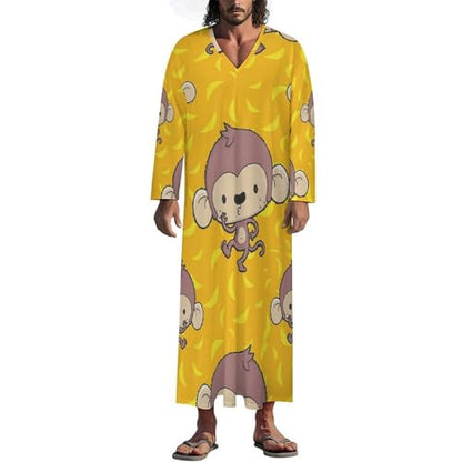 Banana And Monkeys Men's Kaftan Thobe Long Sleeve Robe V Neck Casual Gown - size: 5X-Large