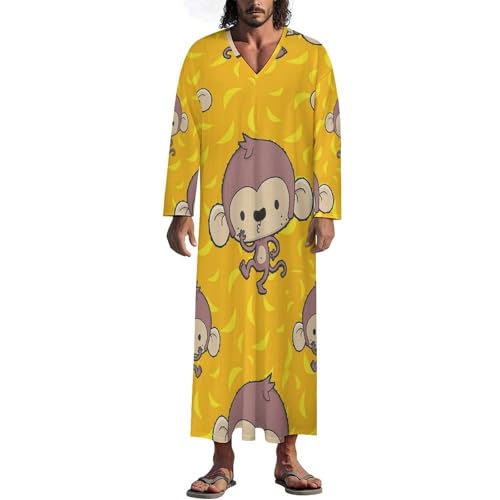 Banana And Monkeys Men's Kaftan Thobe Long Sleeve Robe V Neck Casual Gown - size: XX-Large