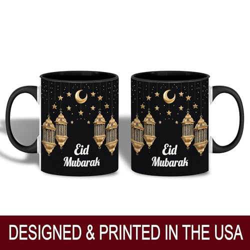 Eid Mubarak Mug, Islamic Coffee Mug, Crescent Moon and Lanterns Cup, Muslim Holiday Gift, Eid Celebration Drinkware, Elegant Gold Lantern Design, Ceramic Tea Cup for Home and Office
