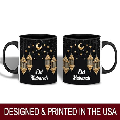 Eid Mubarak Mug, Islamic Coffee Mug, Crescent Moon and Lanterns Cup, Muslim Holiday Gift, Eid Celebration Drinkware, Elegant Gold Lantern Design, Ceramic Tea Cup for Home and Office
