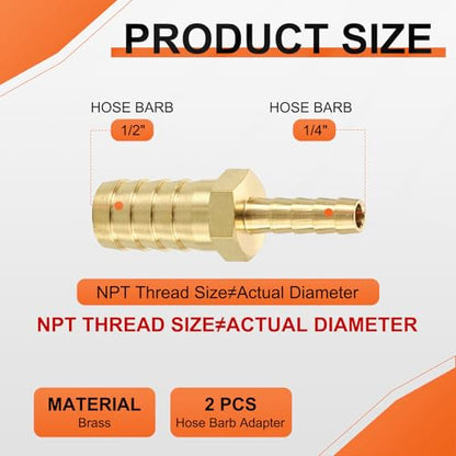 2 Pack Brass Hose Barb Adapter, 1/2" Barb To 1/4" for Industrial, Automotive, Fluid Transfer, Home Gardening, and Water Treatment - size: 1/2" Barb To 1/4"