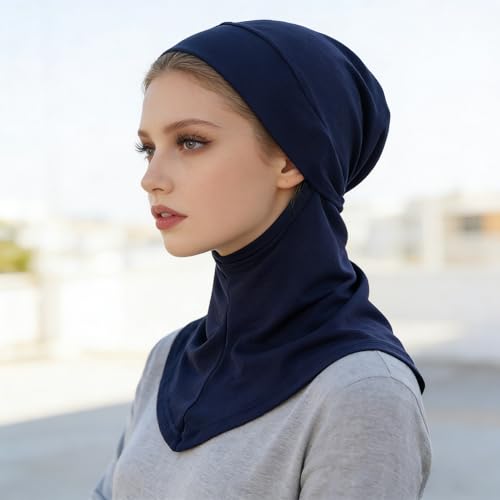 Solid Women Muslin Head Scarf Plain Under Scarf Turban Cap Flexible Viscose Neck Collar Bonnet Chic Wear For Gym Ramadan - color: Navy