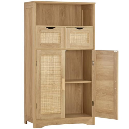 Iwell Storage Cabinet with 2 Drawers & Adjustable Shelves, Rattan Cabinet, Kitchen Pantry Cabinets, Cupboard for Living Room, Kitchen, Home Office, Natural SNG008NR - color: Natural
