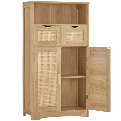 Iwell Storage Cabinet with 2 Drawers & Adjustable Shelves, Rattan Cabinet, Kitchen Pantry Cabinets, Cupboard for Living Room, Kitchen, Home Office, Natural SNG008NR - color: Natural, size: 42.5"H