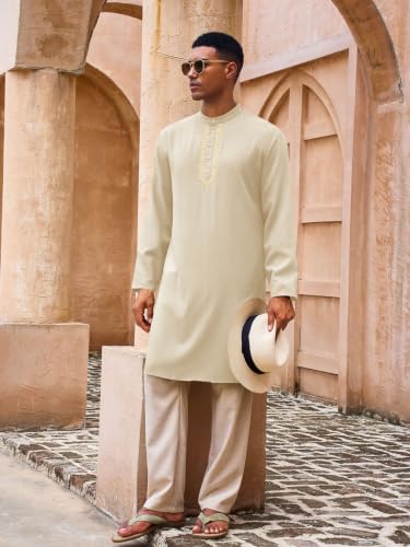 Yousify Mens Kaftan Thobe Casual Henley Shirts - color: Beige, size: Large