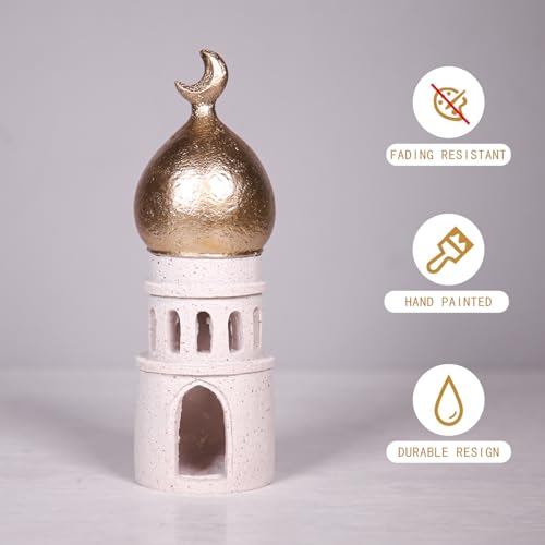 Decorative Mosque Tower with Gold Dome, Hand Painted, 7.87 x 2.95 x 2.95 inches, White and Gold - size: 2.95*2.95*7.87in