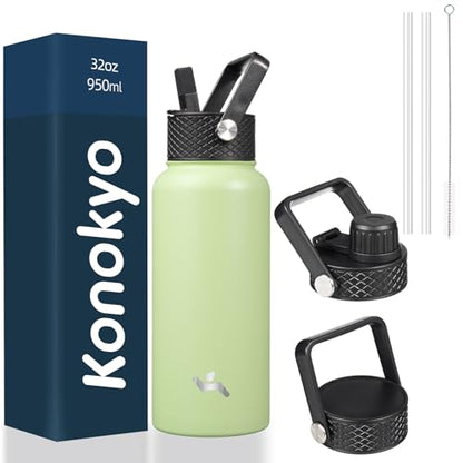Konokyo 32 oz Insulated Water Bottle Stainless Steel Sport Bottles with 3 Lids,Macaron Green - color: Macaron Green, size: 32 Ounces
