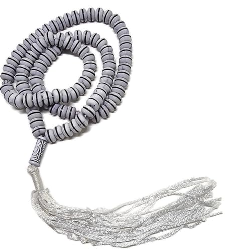 Islam Tasbih 99 Beads 8 mm. AMN-409 Muslim Prayer dhikr Misbaha Rosary with Beautiful Decorated Tassel Eid Ramadan Gift (White) - color: White