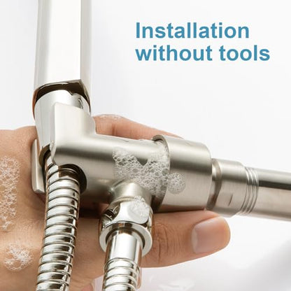OFFO Shower Head Holder All Metal for Handheld Shower Head, Brushed Nickel Adjustable Shower Arm Mount with Solid Brass Pivot Ball, 1/2 in IPS Female Inlet and Male Outlet - style: Brushed Nickel