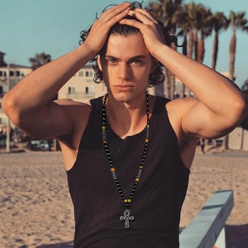 Ankh Cross Pendant Ancient Egyptian Hieroglyphic Symbol of Health and Eternal Life Men Cross Necklace with Tiger Eye Stone Obsidian Hematite Triple Protection Crystal Beads Chain - color: Black-Silver