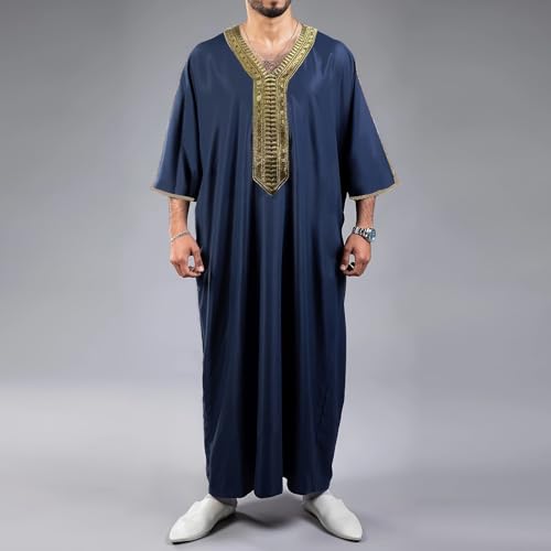 RTTUIOP Men's Muslim Clothes Lace Sleeves V-Neck Thobe Middle East Kaftan Saudi Arab Caftans Islamic Abaya Dress - color: 01-navy, size: Large