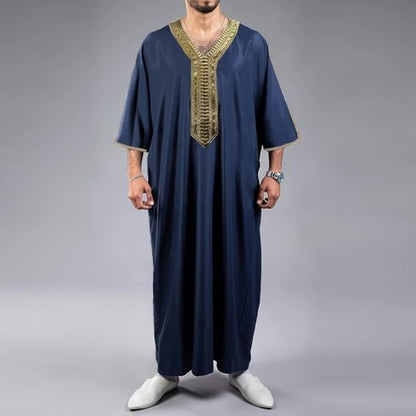 RTTUIOP Men's Muslim Clothes Lace Sleeves V-Neck Thobe Middle East Kaftan Saudi Arab Caftans Islamic Abaya Dress - color: 01-navy, size: X-Large