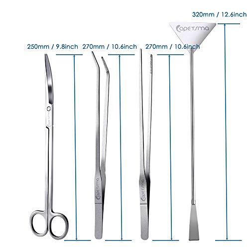 Capetsma Aquascape Long Stainless Steel Plant Tools Set - Aquarium Tweezers, Scissors, Spatula, Algae Scrapers - Fish Tank Cleaning Kit - color: Silver