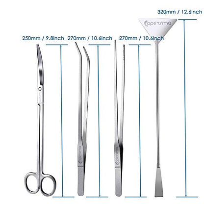Capetsma Aquascape Long Stainless Steel Plant Tools Set - Aquarium Tweezers, Scissors, Spatula, Algae Scrapers - Fish Tank Cleaning Kit - color: Silver