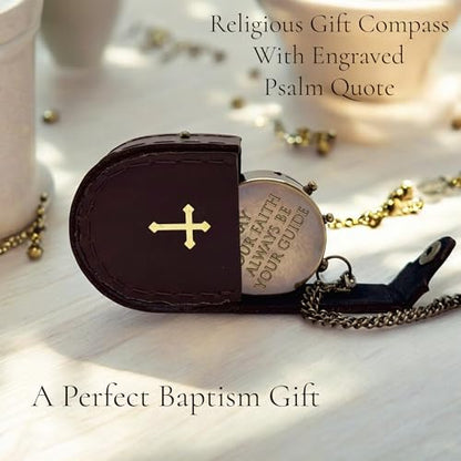 Engraved Brass Compass with Sundial Clock May Your Faith Always Be Your Guide Psalm 32:8 Christian Keepsake Gift Direction Guide Compass with Carry Case for Special Religious Occasions