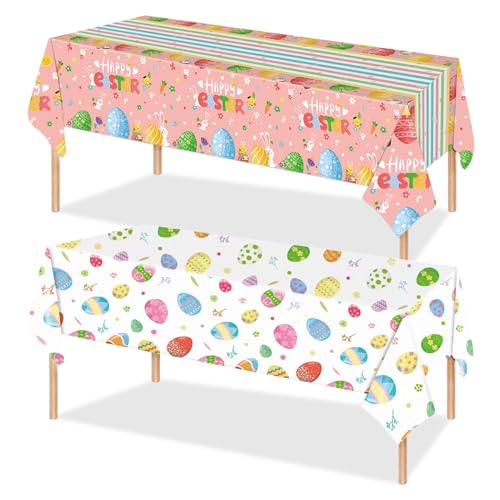 2PCS Easter Tablecloths Bunny Eggs Table Cloth Plastic Disposable Table Cover for Happy Easter Party Decorations Dinner Kitchen Picnic Spring Holiday Party Supplies 54"x108" - color: Easter