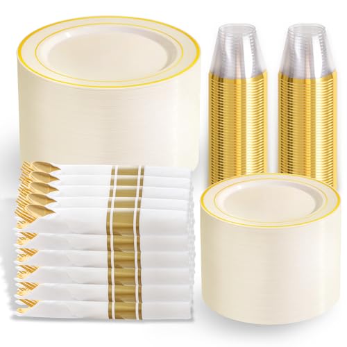 WELLIFE 350PCS Ivory Plastic Plates for 50 Guests -Thanksgiving Plates,Thanksgiving Decorations,Disposable Plate for Party and Wedding - color: Ivory, style: 350PCS（50 Guests）