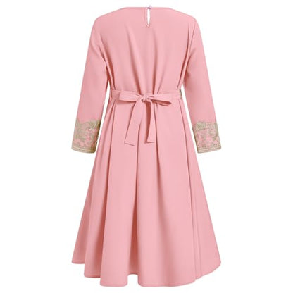 FYMNSI Kids Girls Muslim Abaya Dress Modest Lace Belted Prayer Dress Islamic Maxi Robe Kaftan Ramadan Arabian Dubai Clothes - color: Pink, size: 4-5T